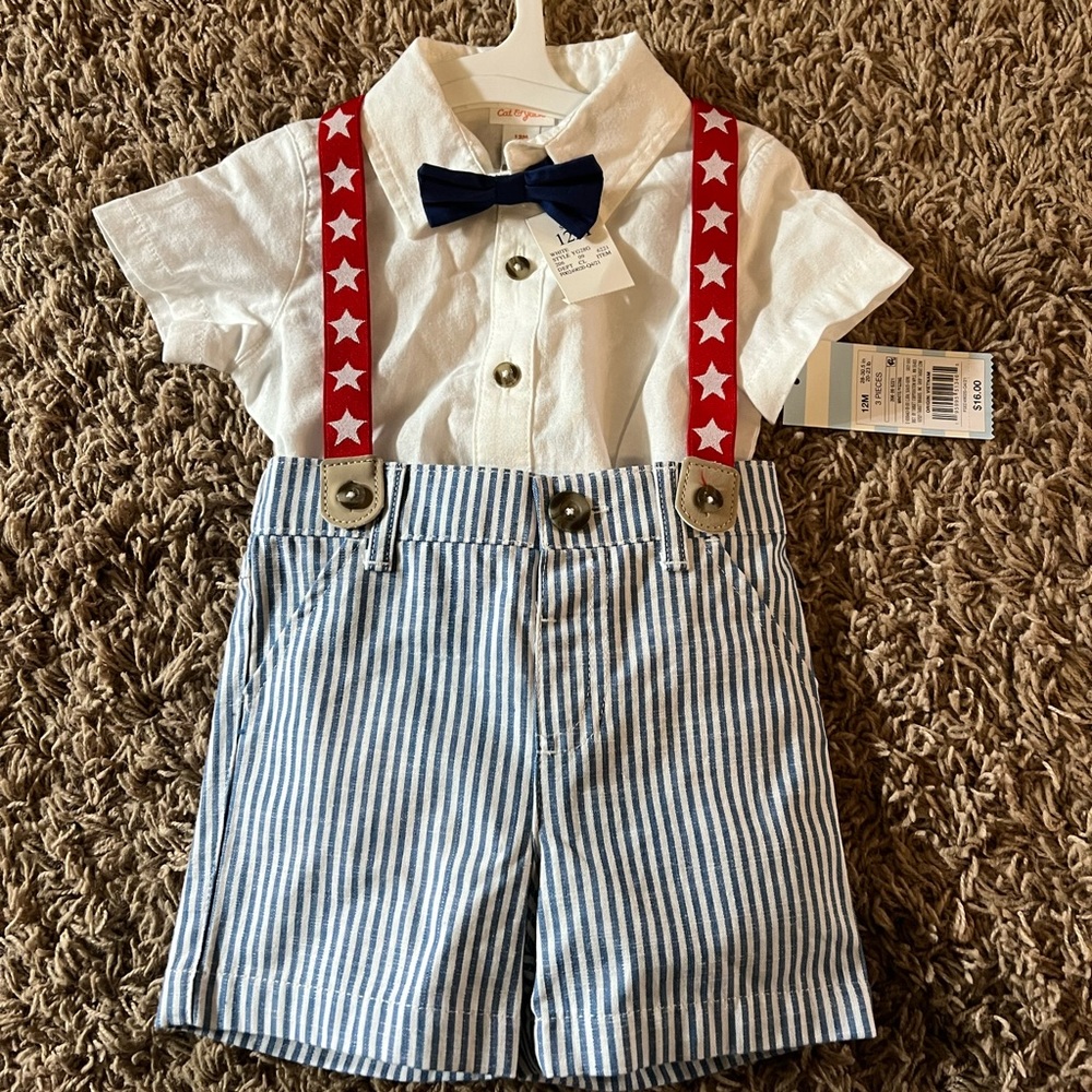 New with tags, Cat & Jack 4th if July, America, adorable suspender outfit, 12 M